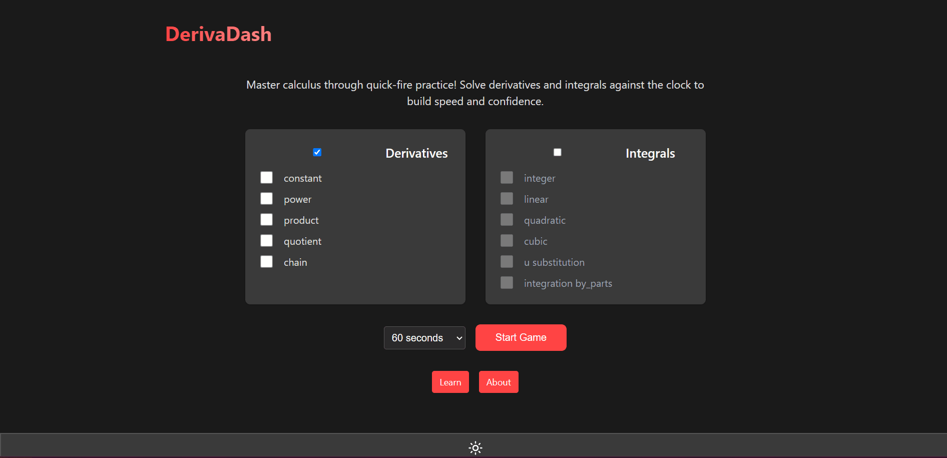 Screenshot of DerivaDash - Interactive Calculus Practice Platform