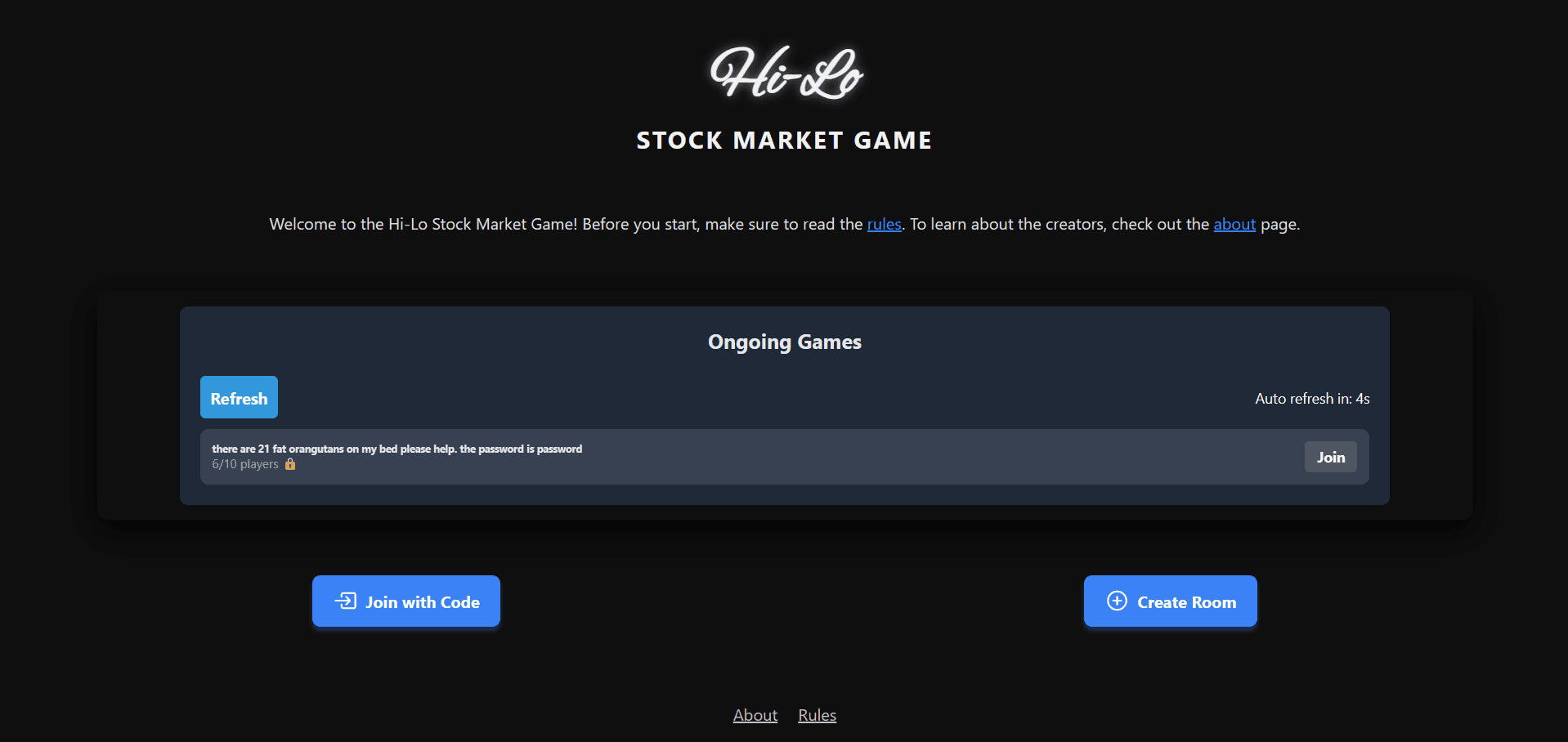 Screenshot of HI-LO Quant Trading Game